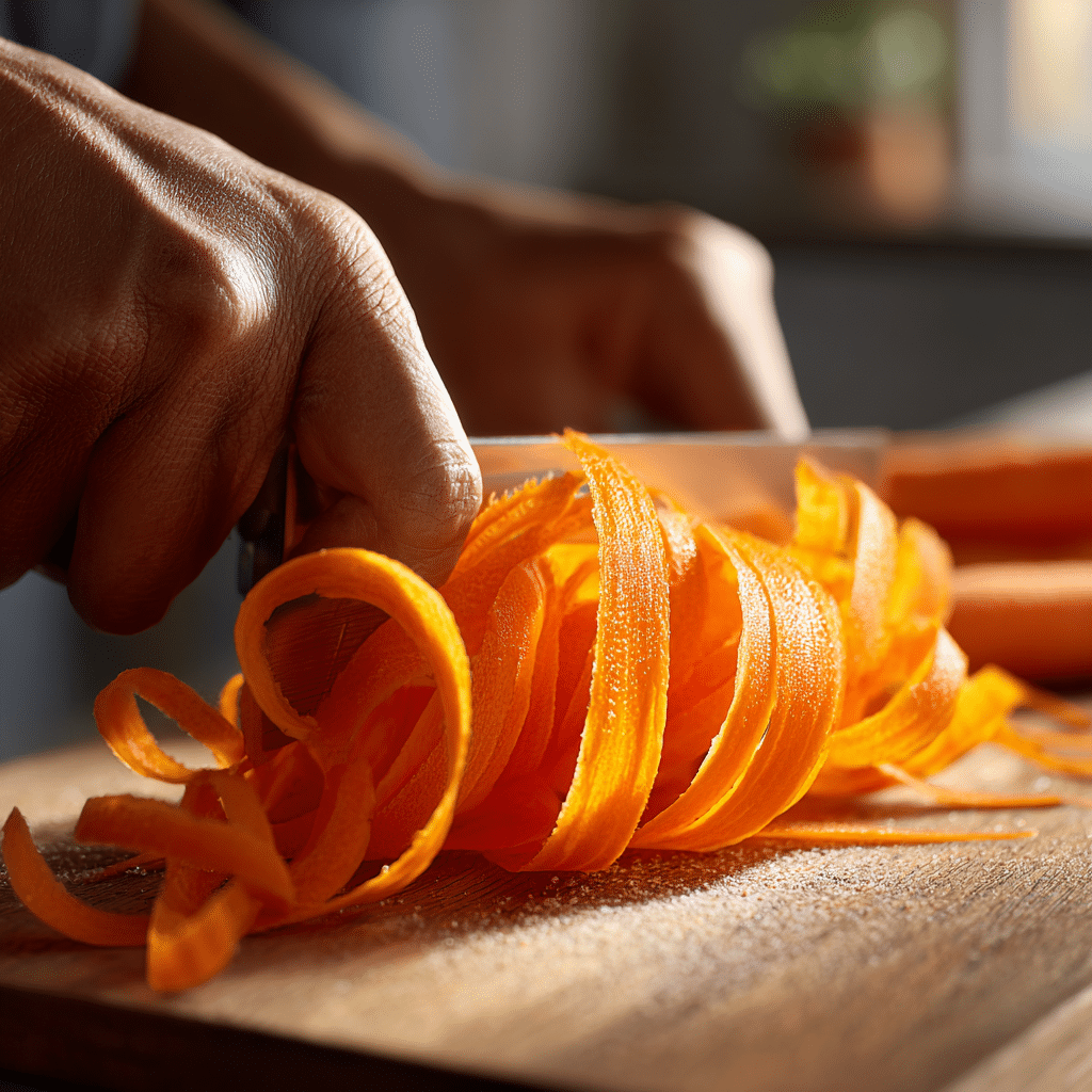 Vegetable peeler slicing carrots for ribbon salad