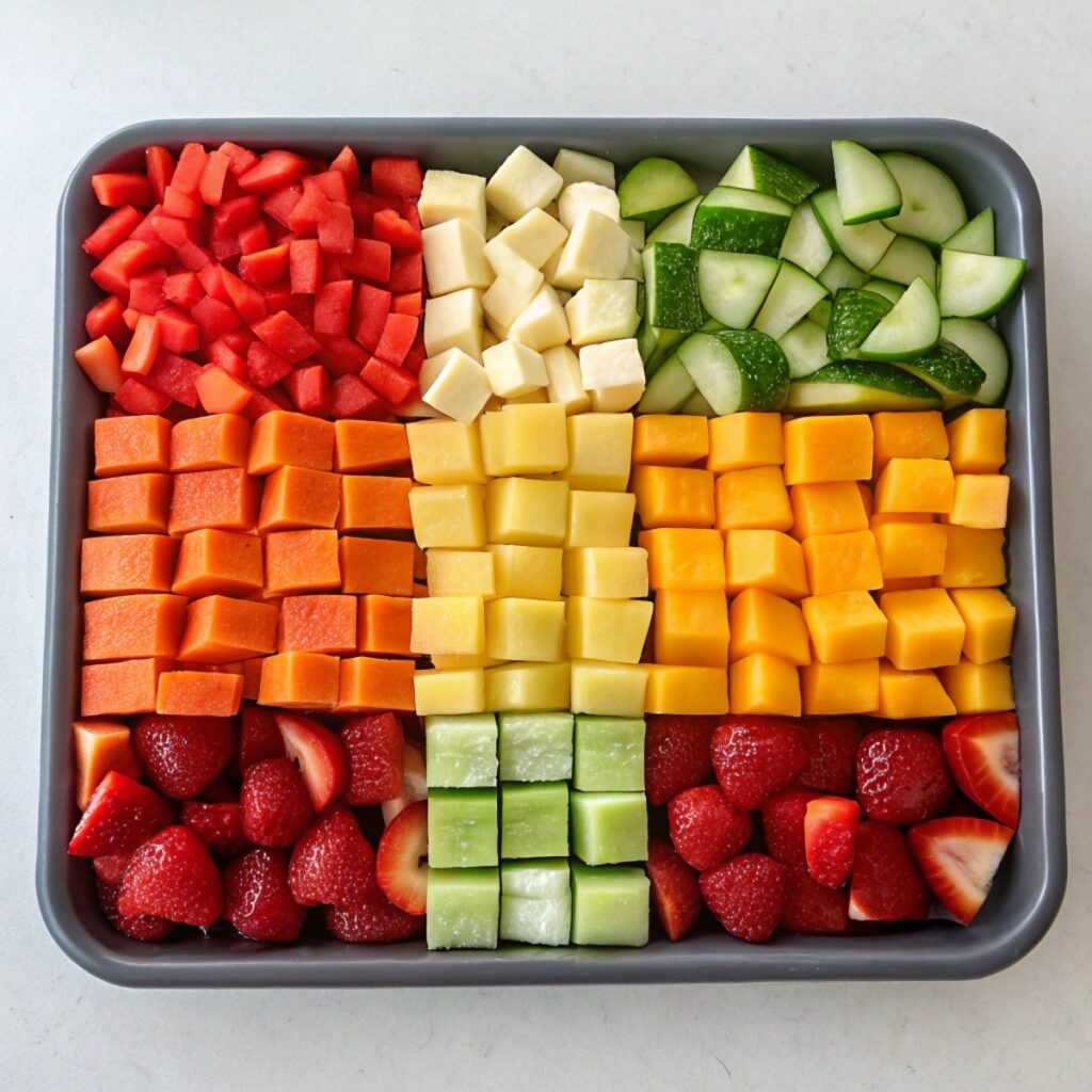 Cubed veggies and fruits for checkerboard salad prep