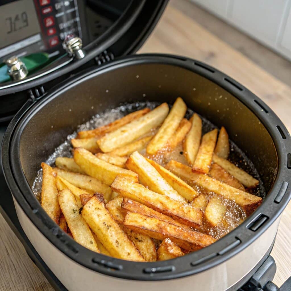 Crispy air fryer French fries in the basket during cooking
