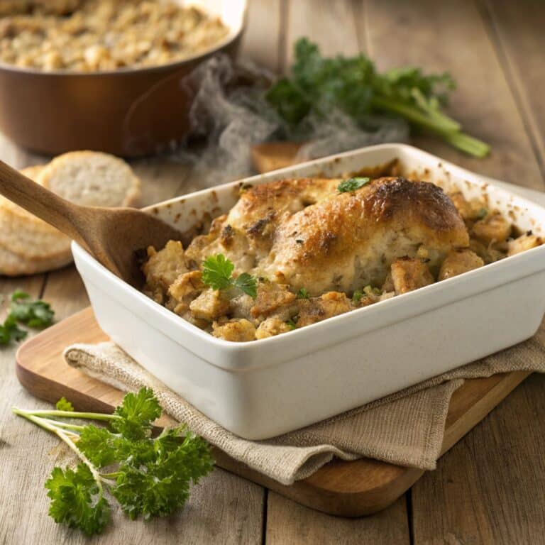 Dolly's chicken and stuffing casserole in a white baking dish