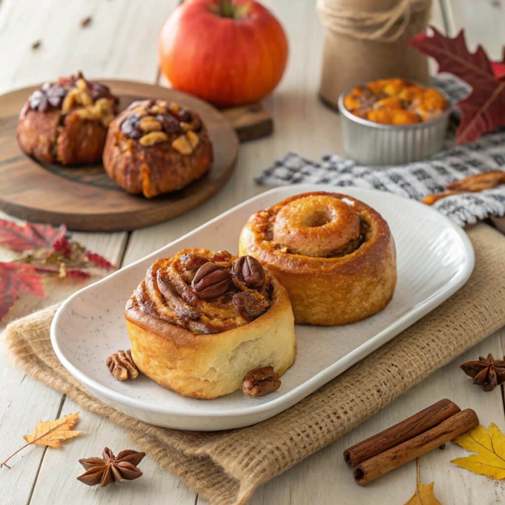 Variety of flavored air fryer cinnamon rolls on plate