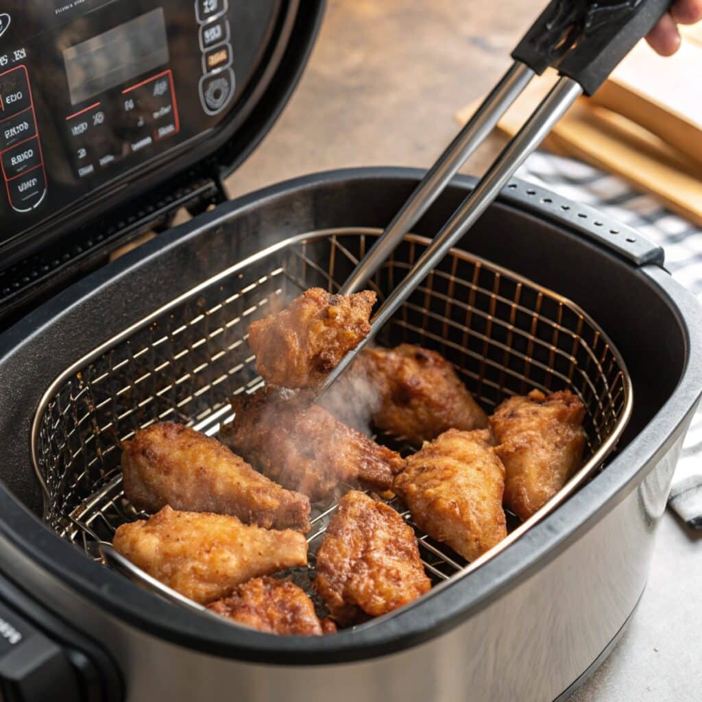 Flipping chicken wings in an air fryer basket