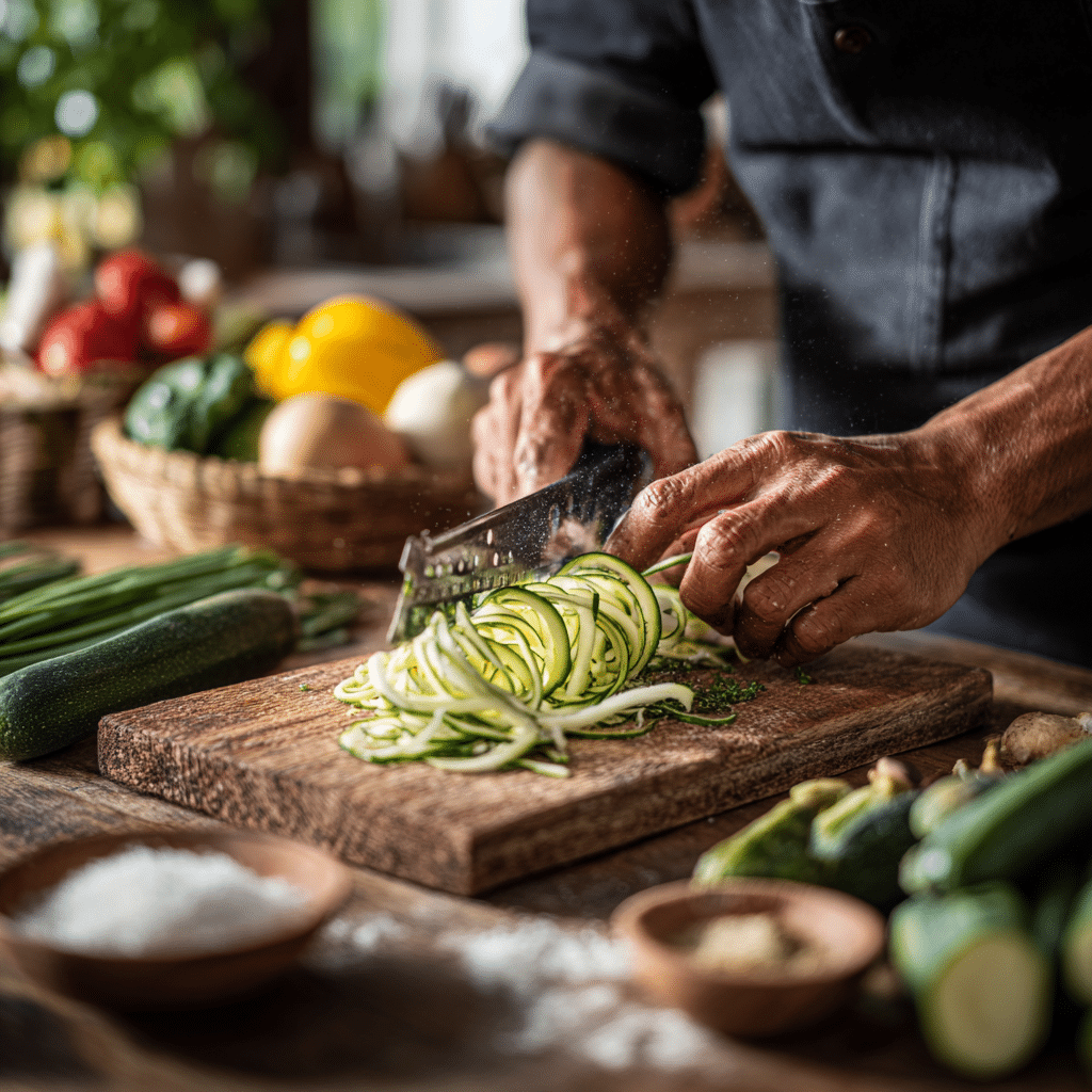 making zucchini ribbons with a vegetable peeler