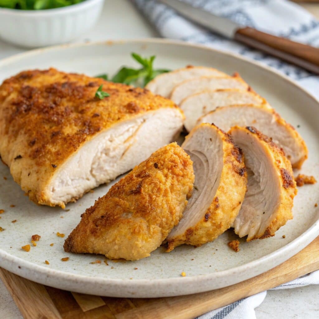 Juicy cooked chicken breast sliced from air fryer