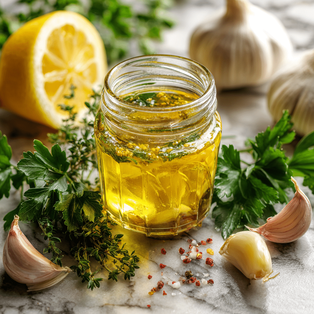 Lemon vinaigrette in a jar with fresh herbs