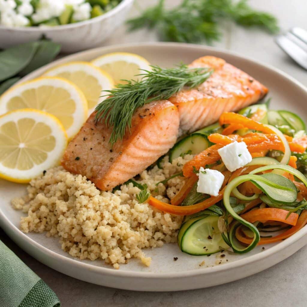 Plated Mediterranean salmon with quinoa and ribbon salad