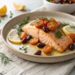 Mediterranean salmon with roasted veggies and lemon