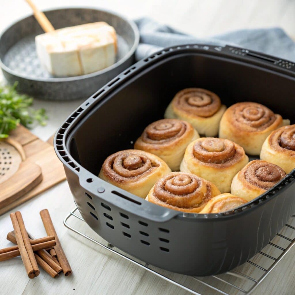 Pillsbury cinnamon rolls baking in an air fryer