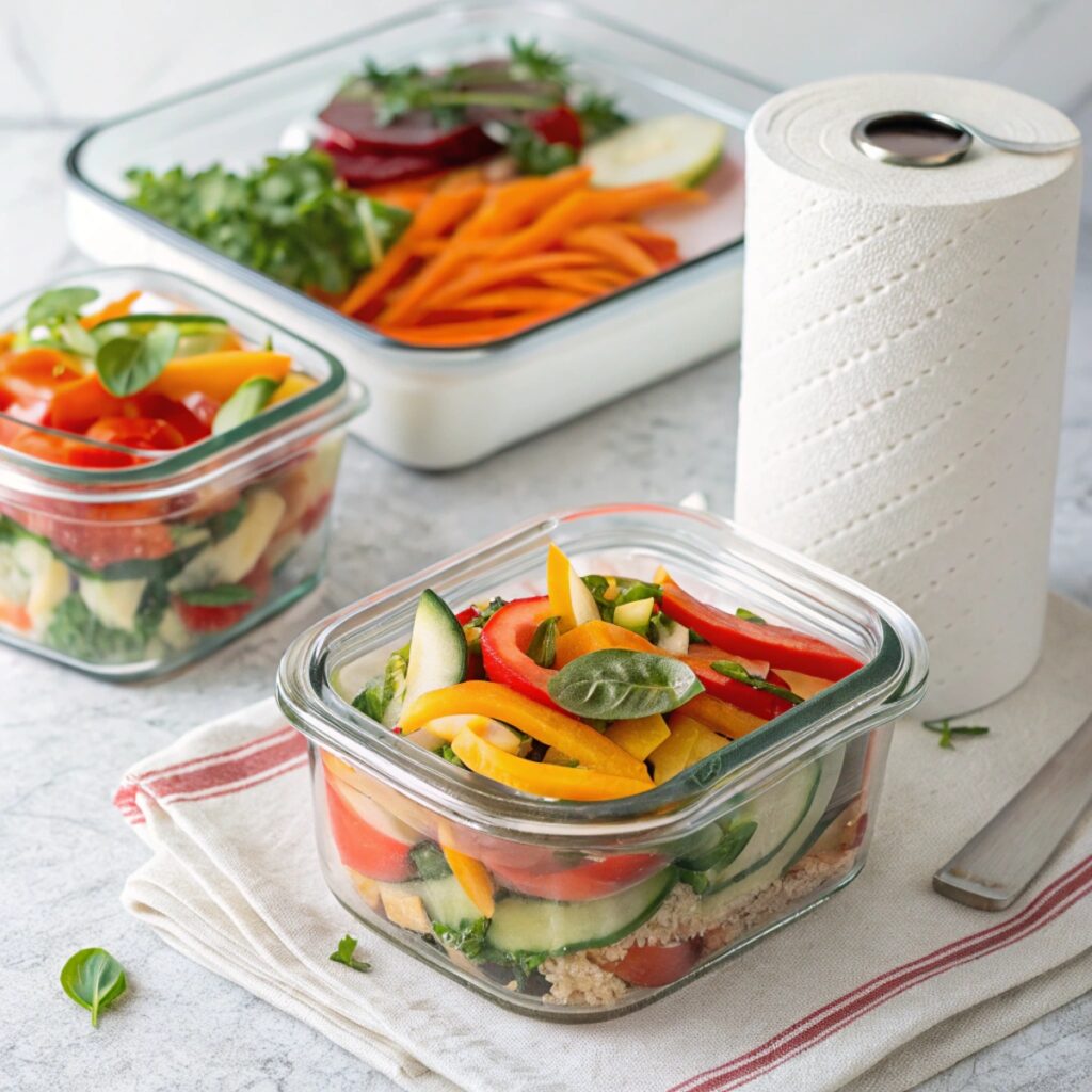 ribbon salad stored in a glass container