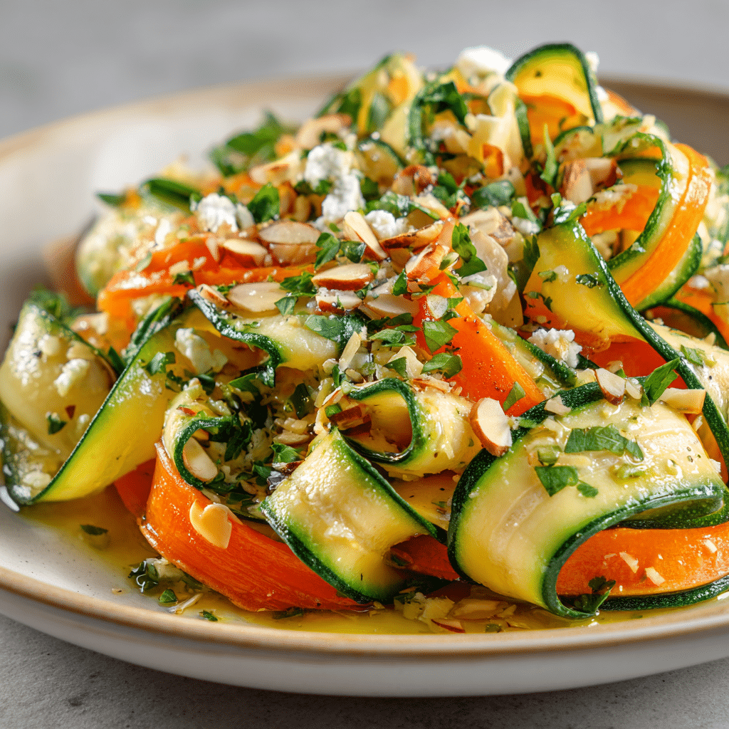 Zucchini and carrot ribbon salad with feta and almonds