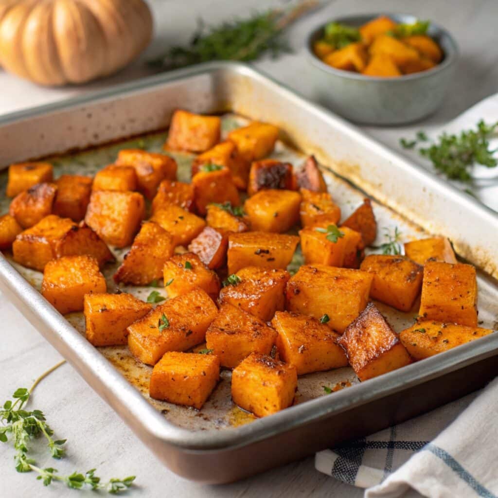 roasted butternut squash cubes on tray