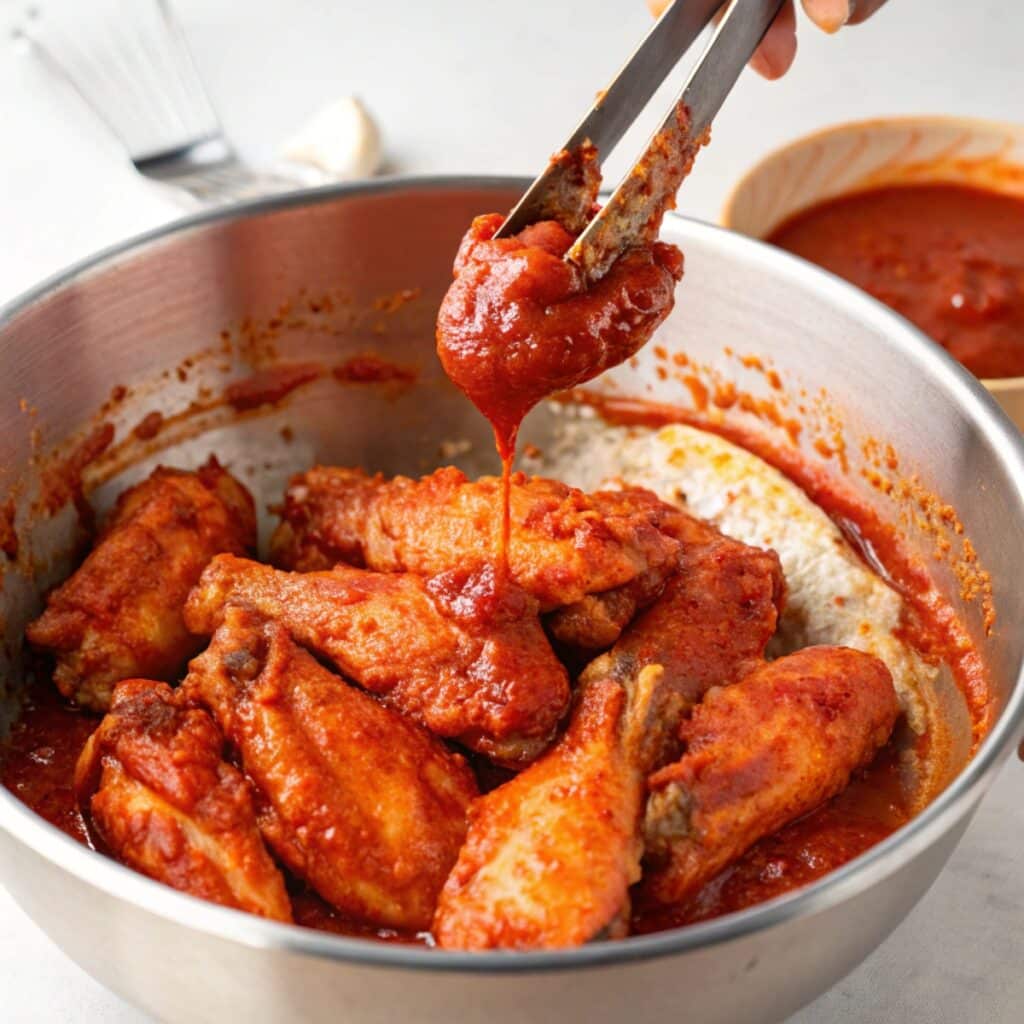 Tossing crispy wings in hot buffalo sauce