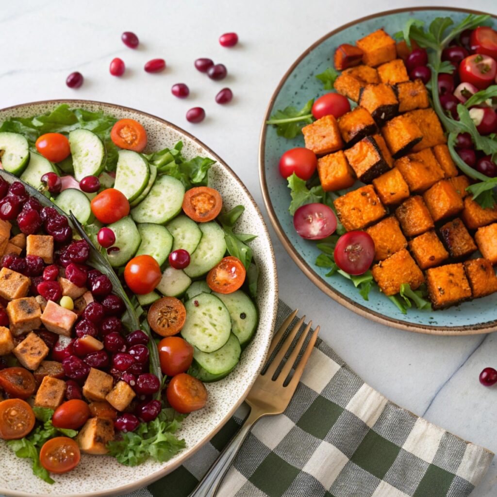 Seasonal variations of checkerboard salad on serving boards