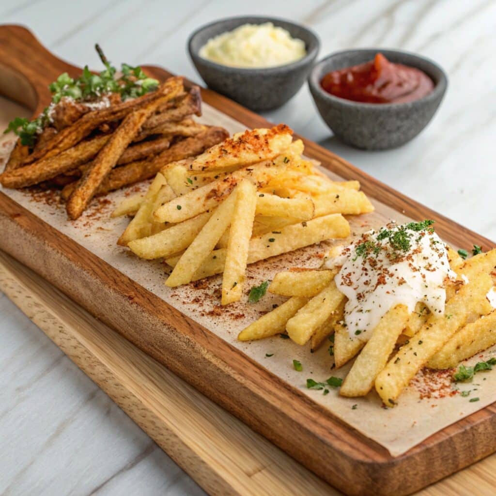 Three variations of seasoned air fryer French fries