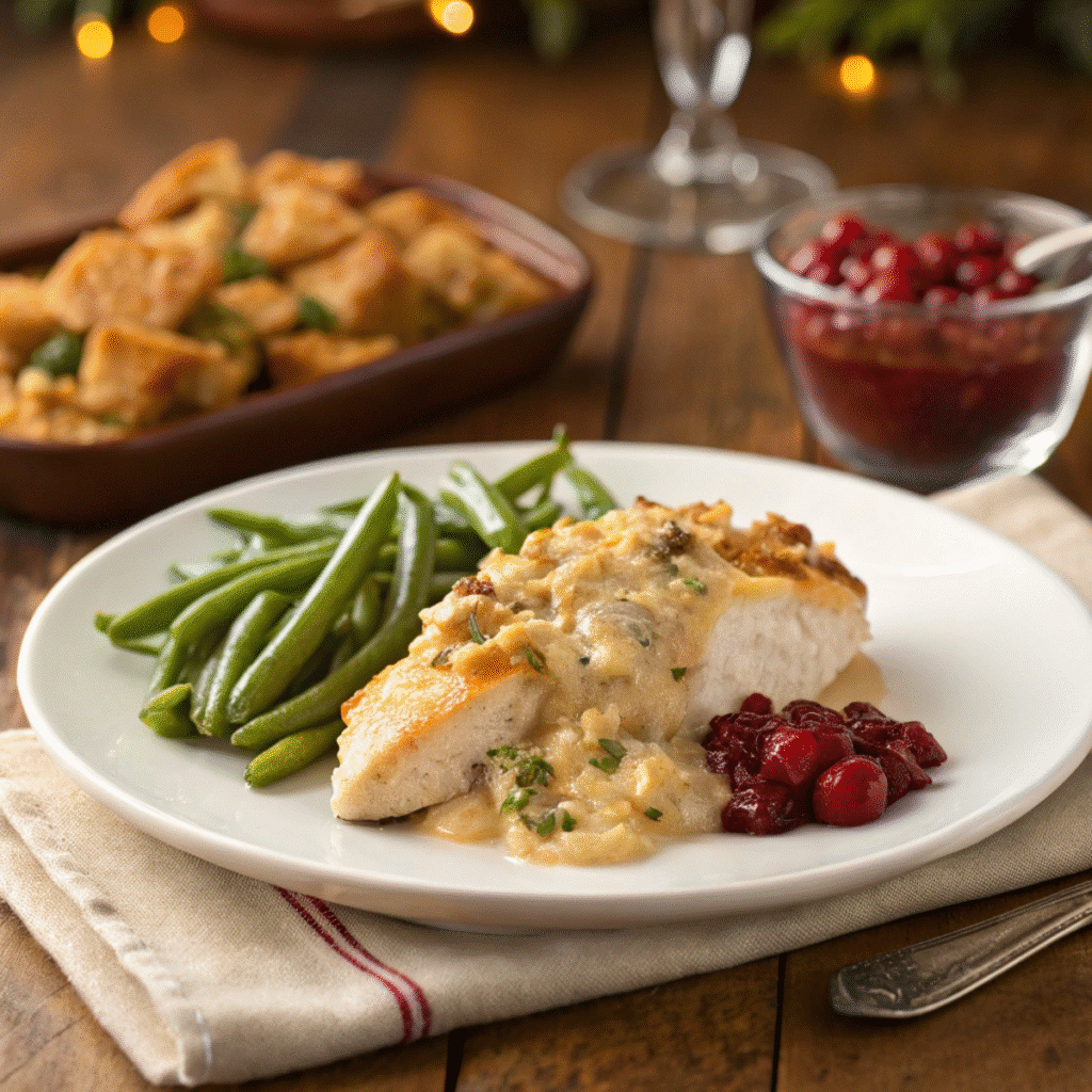 A serving of Dolly's chicken and stuffing casserole on a plate