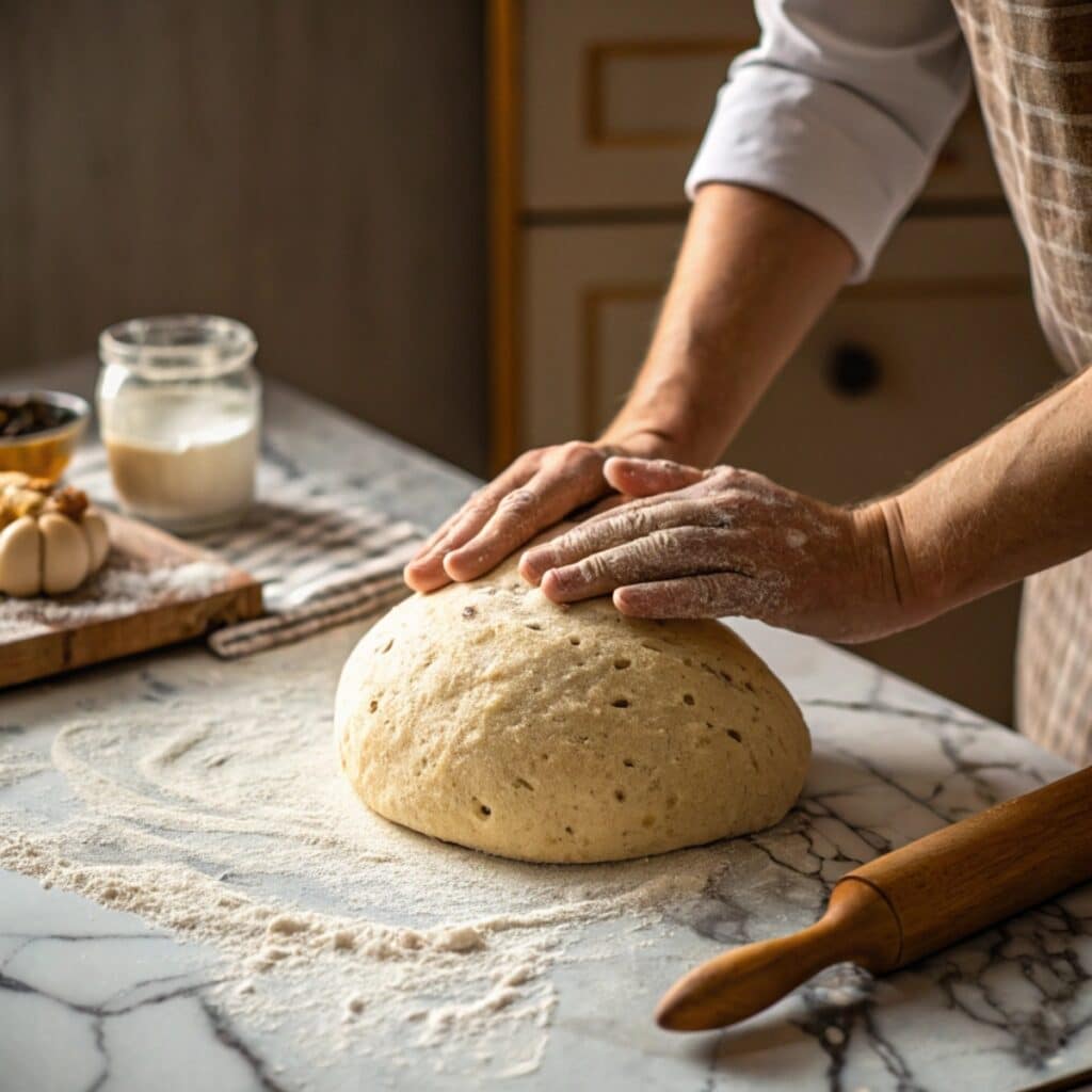 stretching sourdough discard pizza dough by hand