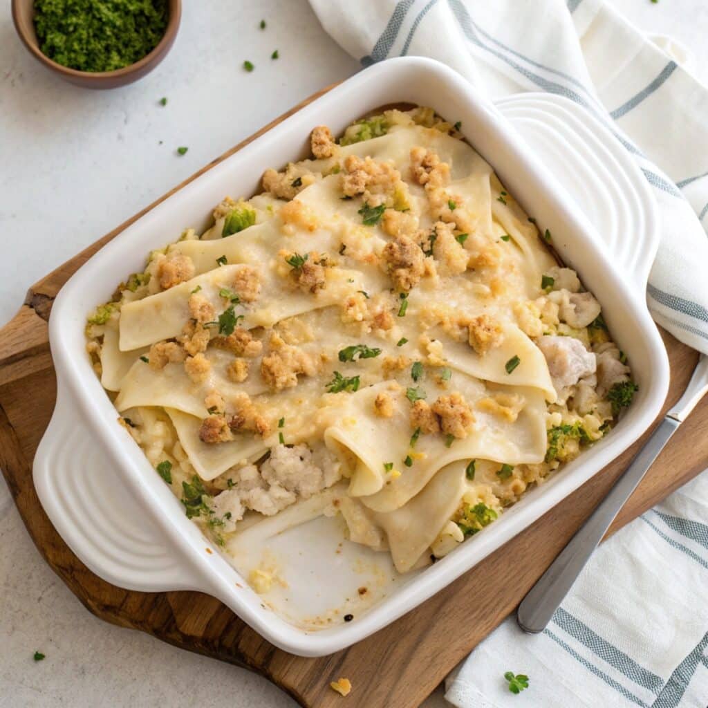 Unbaked Dolly's chicken and stuffing casserole in a dish