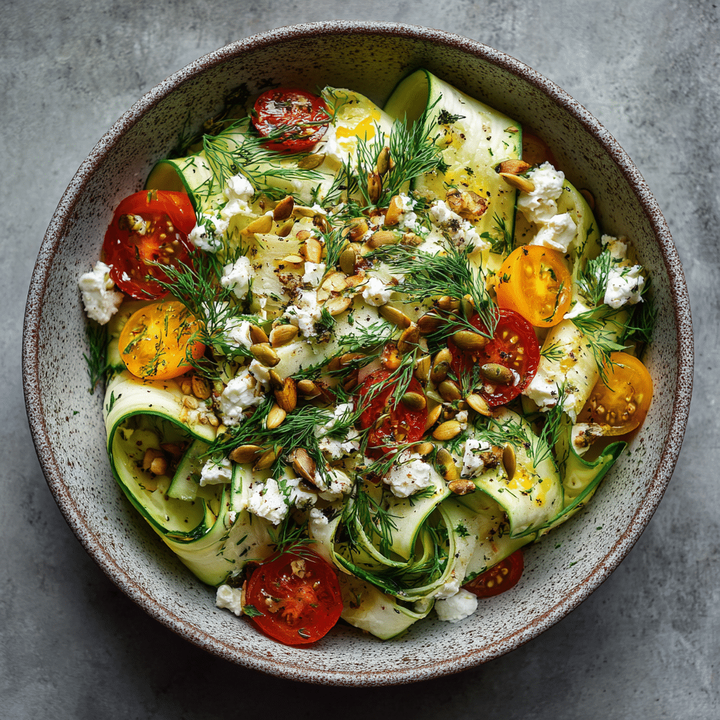 zucchini ribbon salad topped with seeds and feta