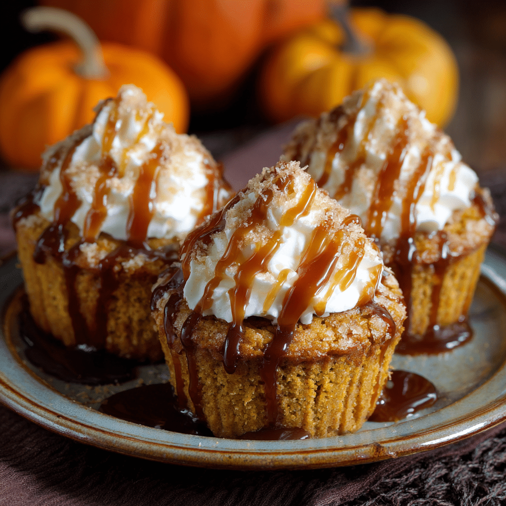 Delicious pumpkin cheesecake muffins topped with whipped cream and caramel drizzle, perfect for a cozy fall treat.