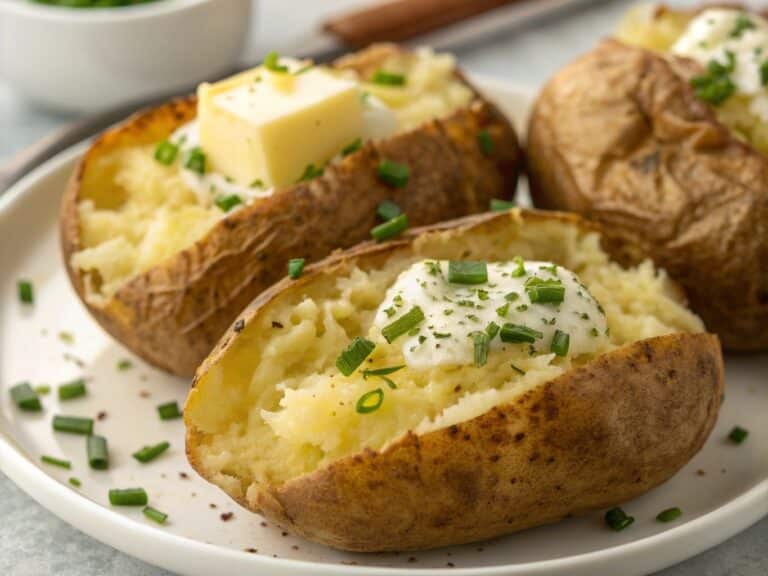 Air fryer baked potatoes with crispy skin and fluffy insides