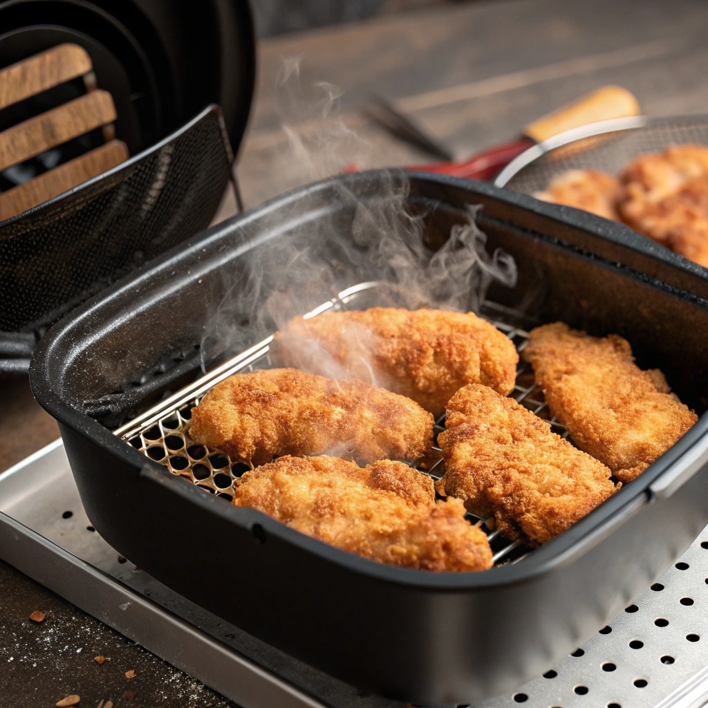 Chicken tenders cooking in air fryer basket