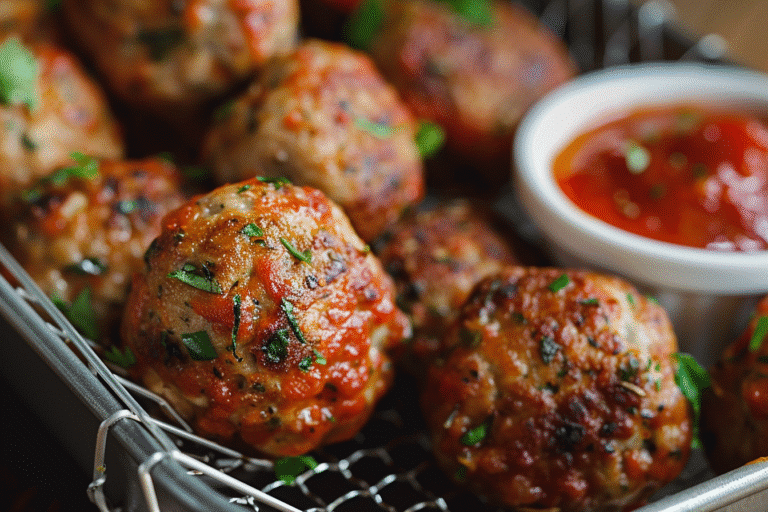 Air Fryer Meatballs That Taste Like They’re Straight From Grandma’s Kitchen 5 Golden air fryer meatballs served hot in a basket with marinara sauce