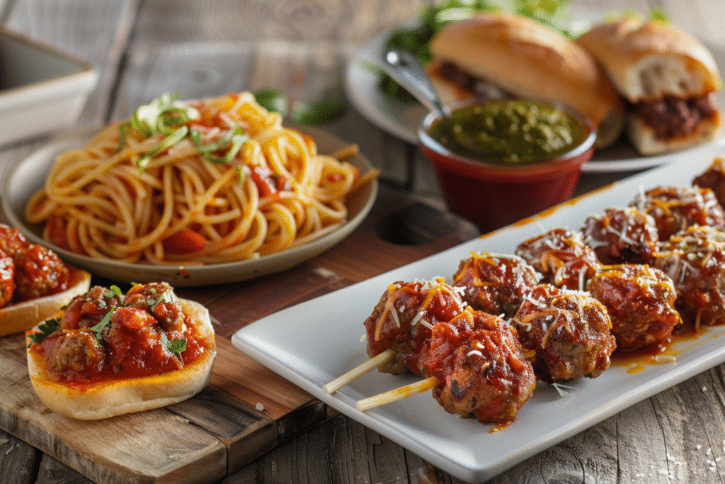 Air fryer meatballs served with pasta, subs, and skewers
