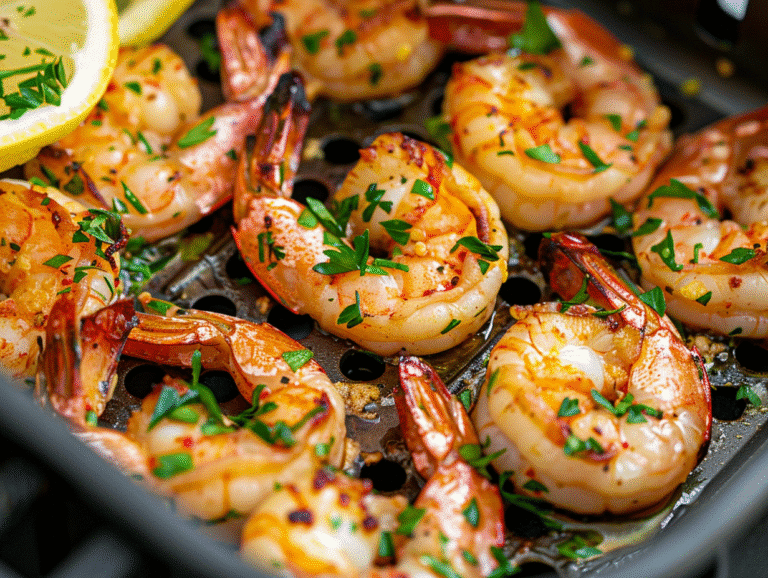 Air Fryer Shrimp in basket, crispy and golden