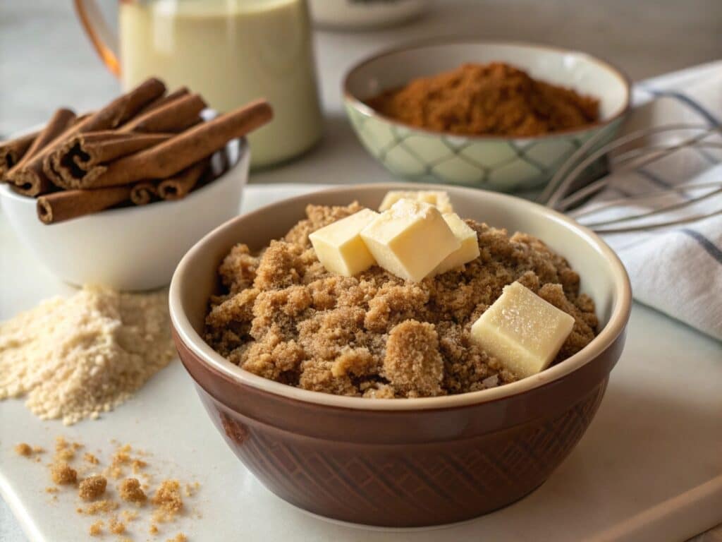 Crumbly brown sugar streusel in a bowl