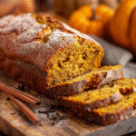 cinnamon pumpkin bread loaf sliced on board