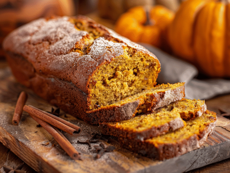 cinnamon pumpkin bread loaf sliced on board