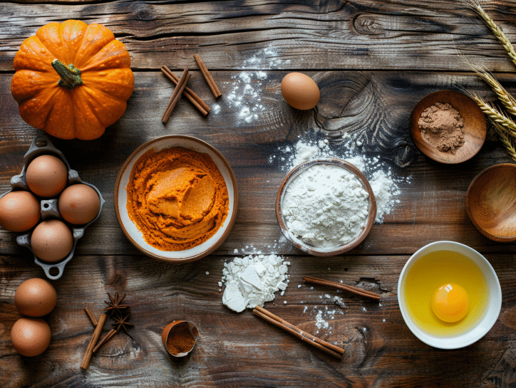 cinnamon pumpkin bread ingredients flat lay