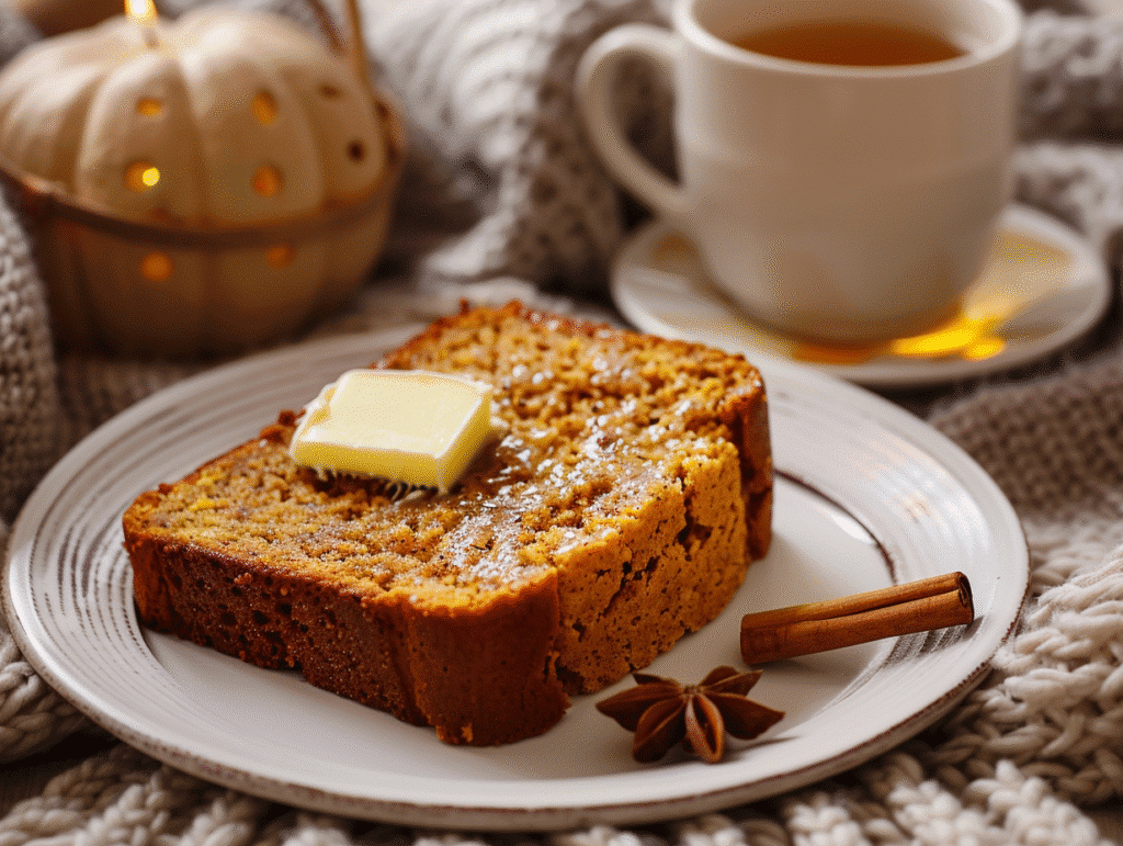 slice of cinnamon pumpkin bread with butter and tea