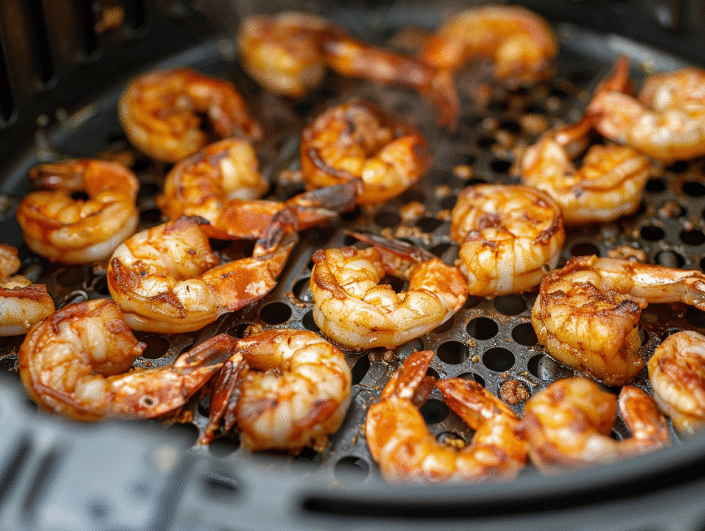 Frozen shrimp cooking in air fryer basket