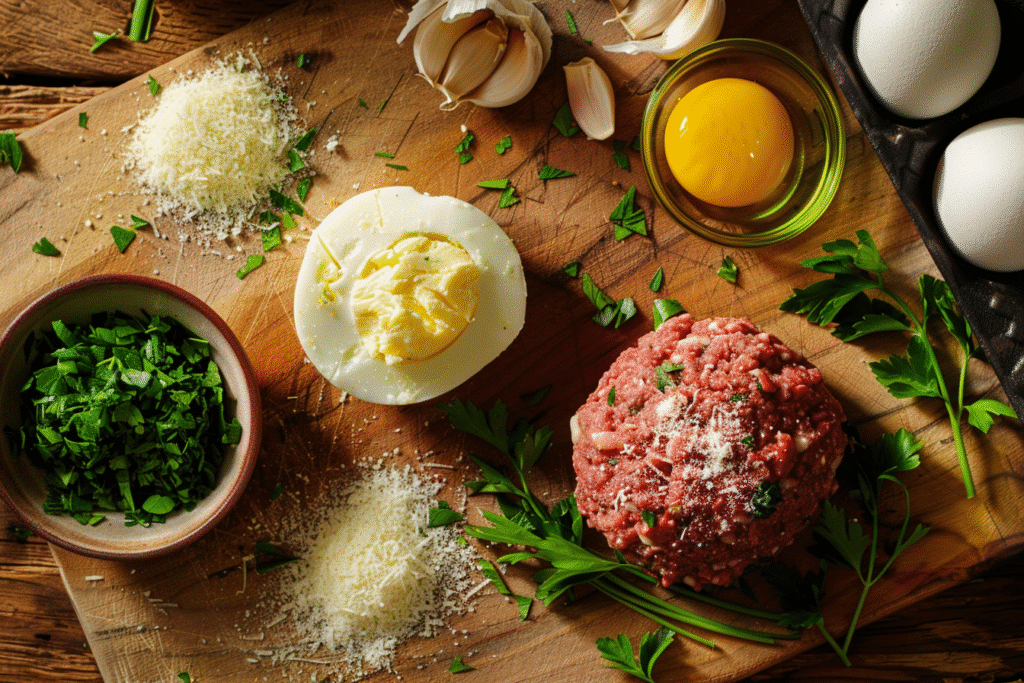 Raw meatball ingredients including meat, herbs, and breadcrumbs