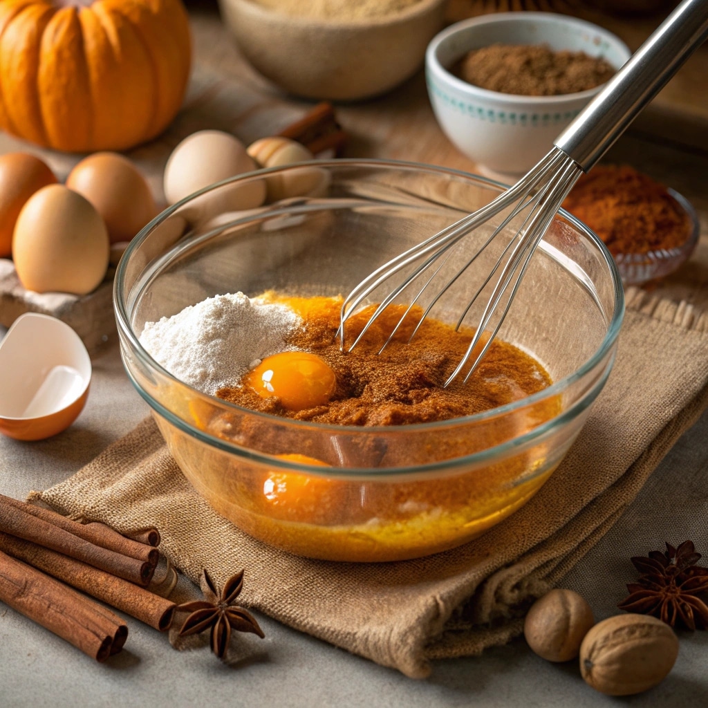 Mixing pumpkin pie bar filling with pumpkin puree and spices