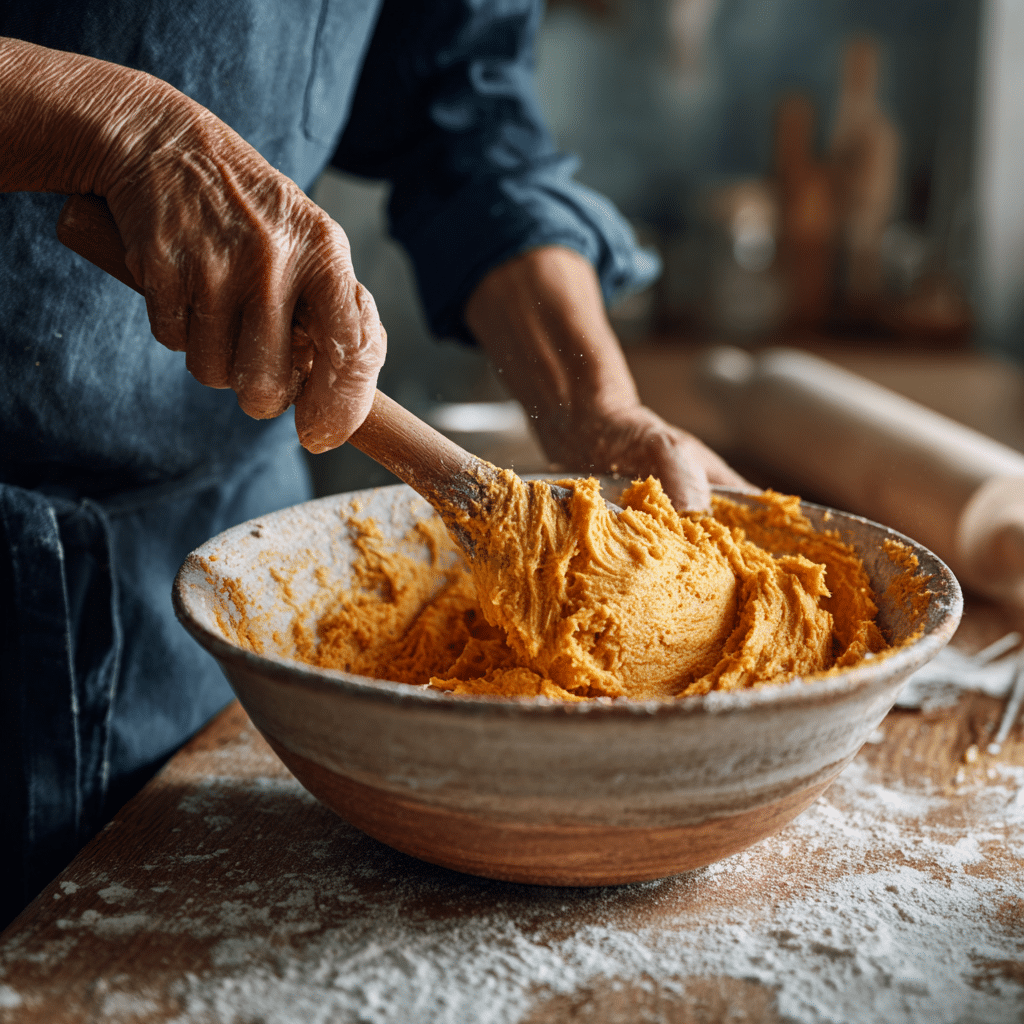 mixing pumpkin into sourdough dough