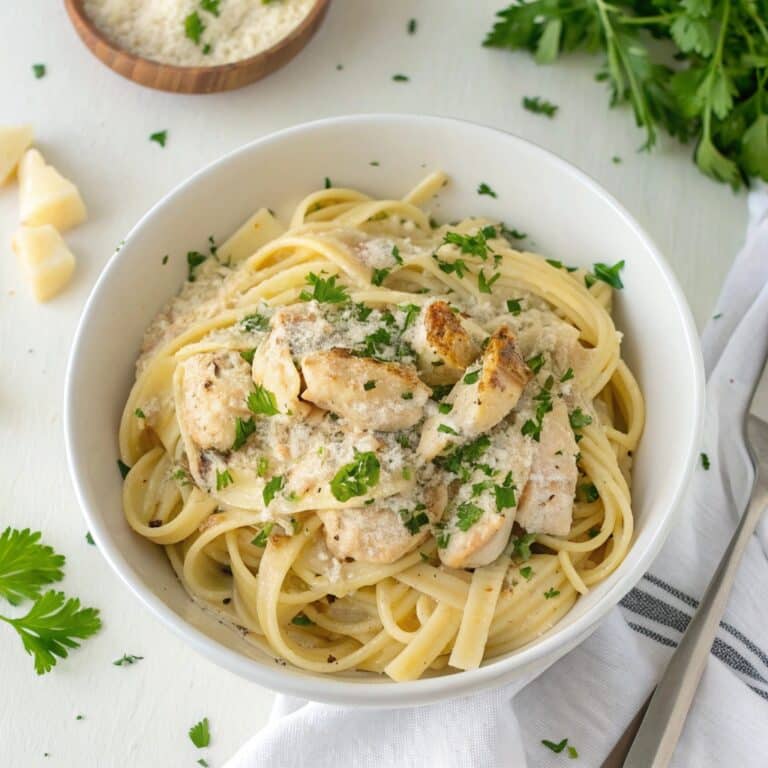 Healthy Garlic Parmesan Chicken Pasta 1 plated healthy garlic parmesan chicken pasta in wh