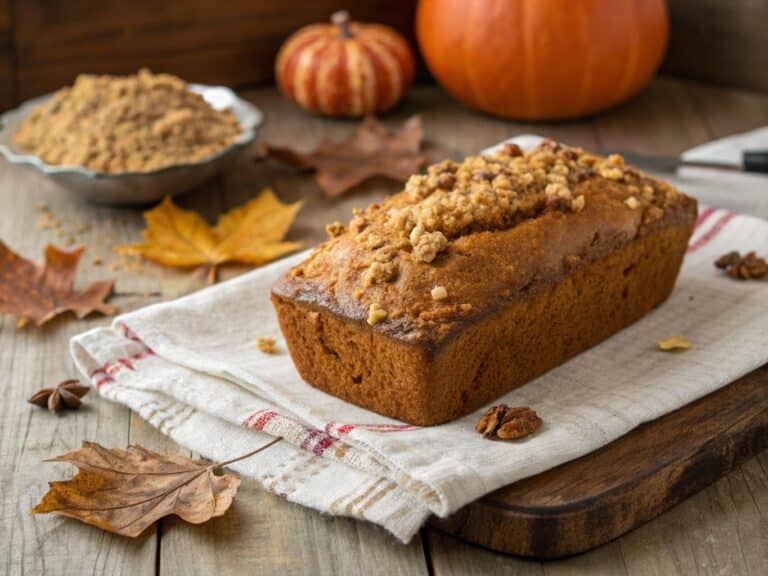 Pumpkin Bread with Brown Sugar Streusel on a rustic table