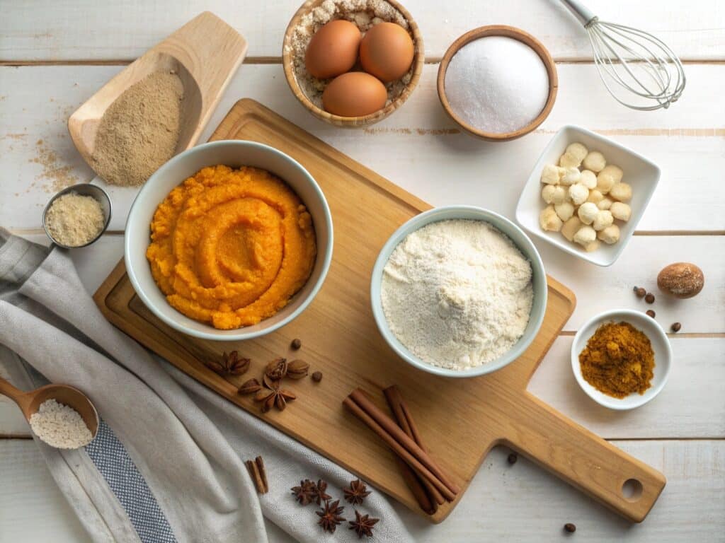 Pumpkin bread ingredients with pumpkin puree and spices