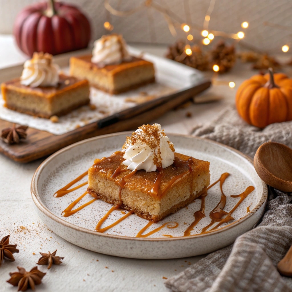 Pumpkin pie bars topped with whipped cream and caramel