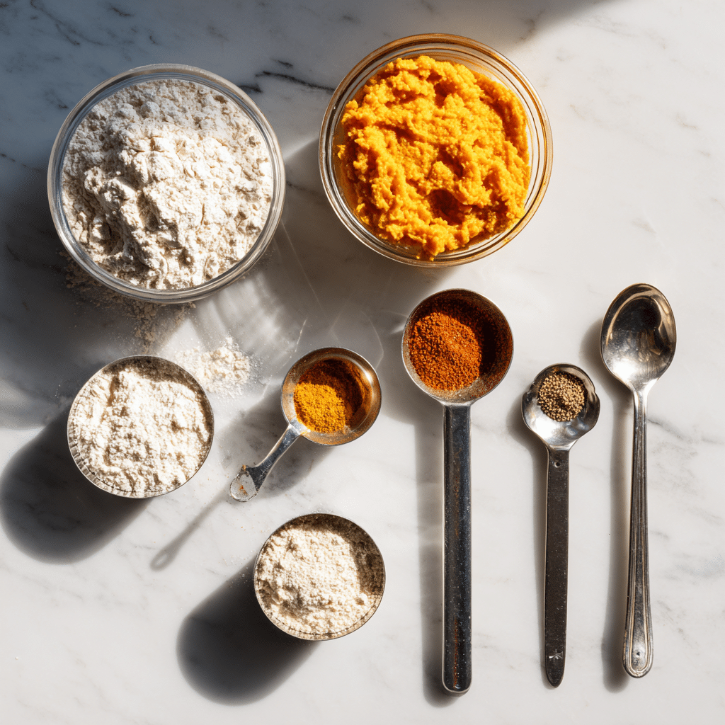 pumpkin sourdough ingredients on marble countertop