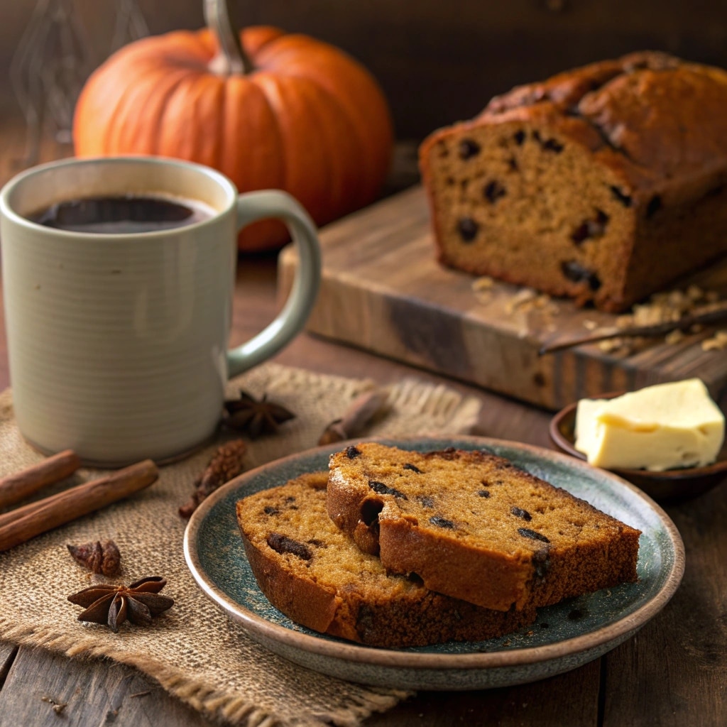 Serving Raisin Pumpkin Spice Bread with coffee