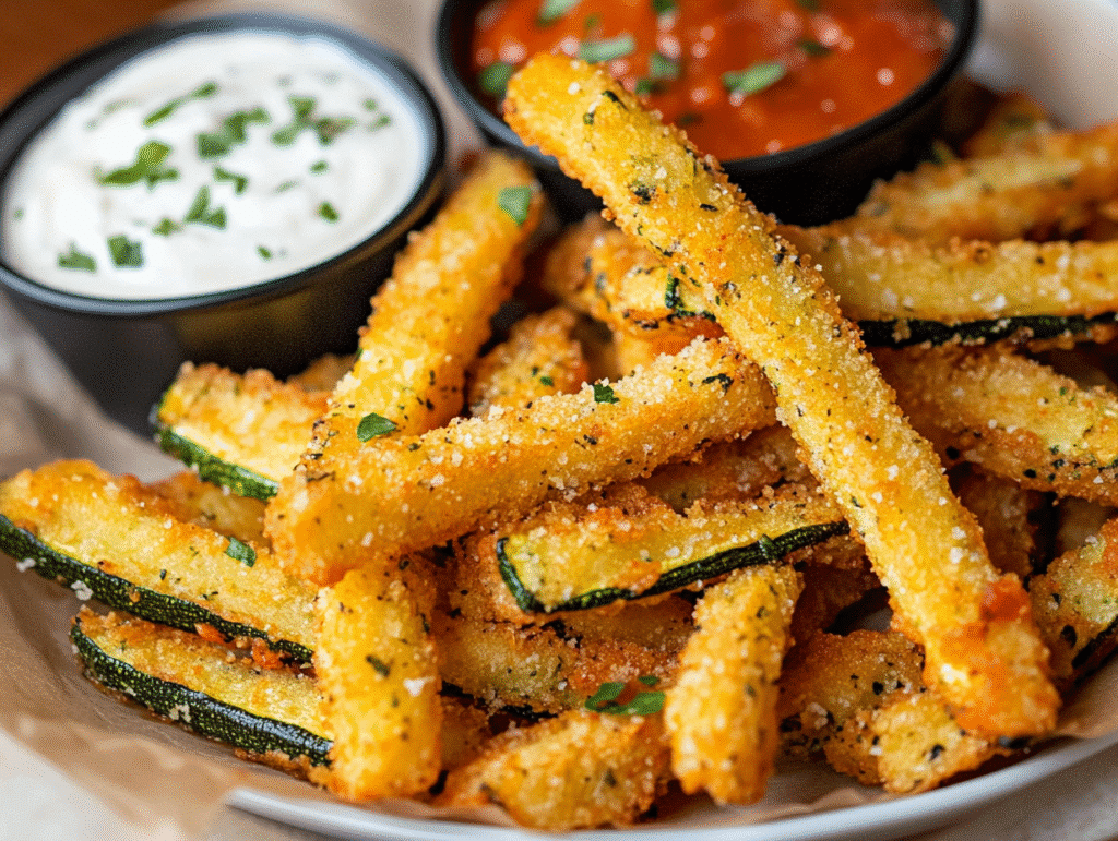 Air fryer zucchini fries with dipping sauces