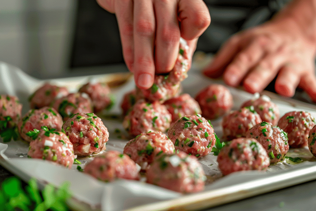Hands shaping raw meatballs on a tray before air frying