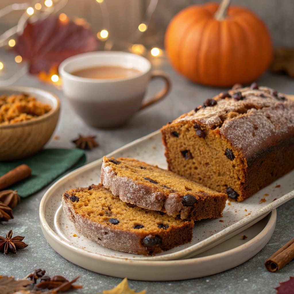 Sliced Raisin Pumpkin Spice Bread on a plate