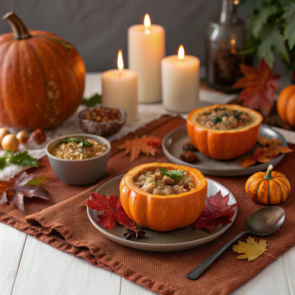 Autumn Wild Rice Soup served in pumpkin bowls for entertaining