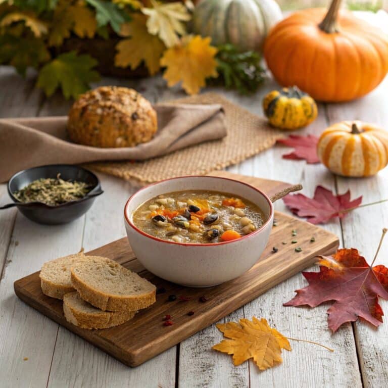 Autumn Wild Rice Soup in a rustic fall setting