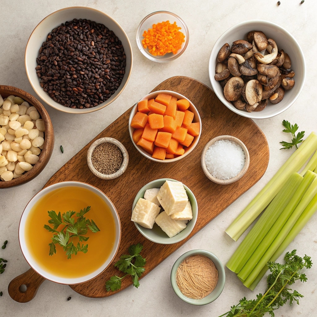 Ingredients for Autumn Wild Rice Soup with vegetables and herbs