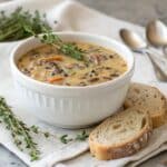 Creamy Autumn Wild Rice Soup served with thyme and bread